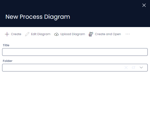 A screenshot demonstrating the appearance of the &quot;New Process Diagram&quot; side panel. The side panel has a dark blue banner with a title that reads &quot;New Process Diagram.&quot; Underneath it is a Command Bar of buttons that includes: &quot;Create&quot;, &quot;Edit Diagram&quot;, &quot;Upload Diagram&quot;, and &quot;Create and Open&quot;. Underneath are two fields titled &quot;Title&quot; and &quot;Folder&quot;.